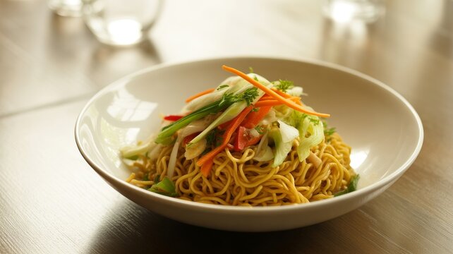 Hakka Noodles with Vegetables in Bowl with Clean Composition and Soft Lighting Asian Food Presentation
