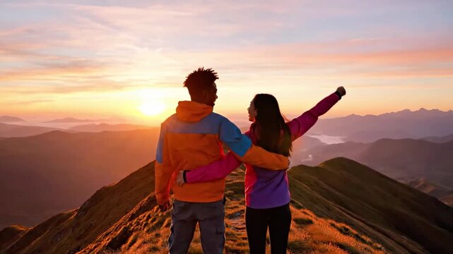 A man and woman stand triumphantly on a mountain peak at sunset