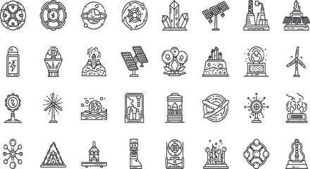 Space Energy Technology Line Icon Set With Satellites, Solar Panels, Batteries, Crystals, and Scientific Innovation Symbols © MDSALIM