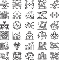 Fototapeta premium 5G & Advanced Network Slicing Line Icons Set – 30 Minimal Black Outline Vector Icons for Telecom Infrastructure, IoT Connectivity & Next-Generation Network Systems