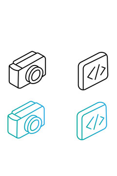 This image features a set of four isometric line-art icons arranged in a 2x2 grid format on a solid white background, continuing the exact style and formatting of the previous sets.