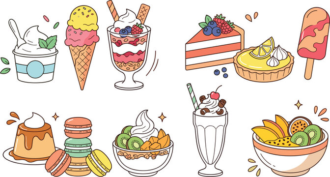 Summer Dessert Vector Set With Ice Cream, Parfait, Cake, Tart, Popsicle, Pudding, and Colorful Sweet Treats