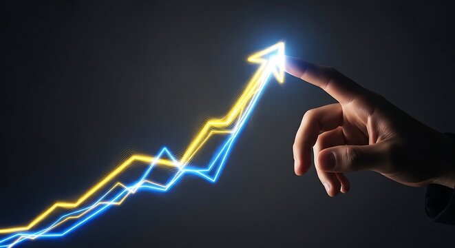 Business growth concept with hand pointing at upward glowing neon arrow line