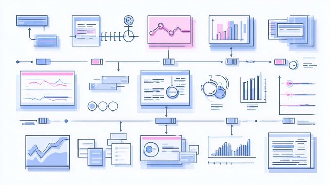 Graphical diagrams connected by lines, illustrating data and workflows in a stylized design