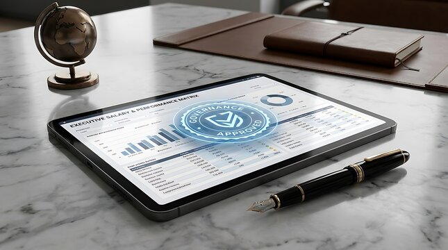 A tablet displaying a graph lies on a marble desk with a pen and notebook nearby indoors.