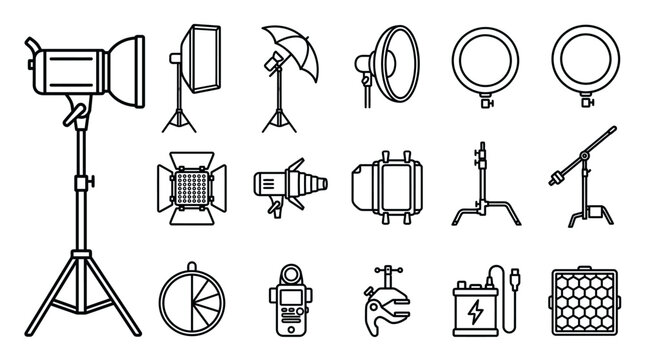 Photography studio equipment line art collection, featuring professional lighting, stands, and accessories essential for photo shoots and content creation