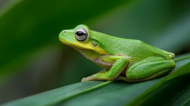 Green frog resting on a leaf in a lush environment