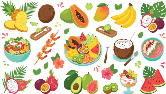 Tropical Healthy Food Vector Set With Papaya, Pineapple, Banana, Dragon Fruit, Coconut Rice, Salad, and Smoothie Bowls