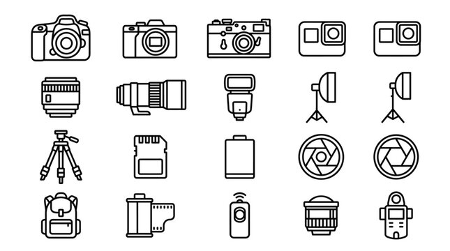 A comprehensive collection of minimalist outline vector icons illustrating essential photography equipment, including cameras, lenses, and accessories, for digital design projects
