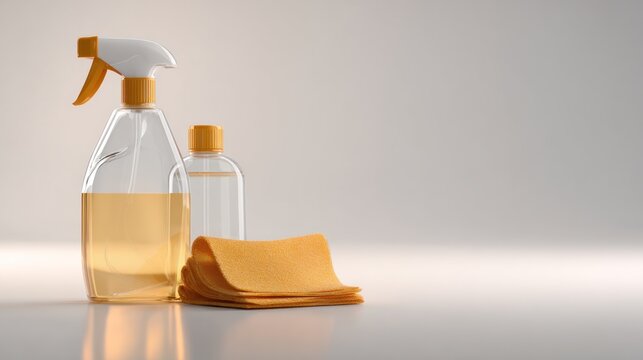 Cleaning supplies, spray bottle, and cloths