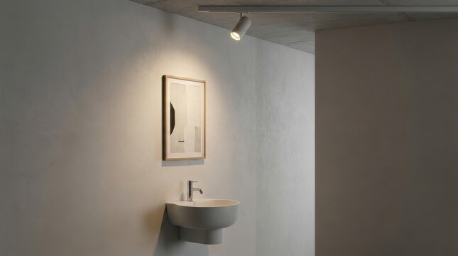 Modern spotlight illuminating framed abstract artwork above a minimalist bathroom sink