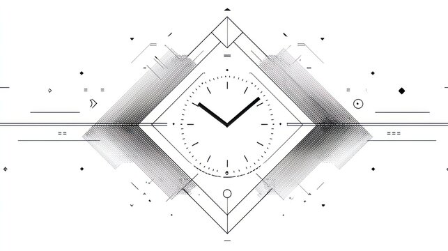 Black and white geometric clock art, diamond shape, intricate design and clock face