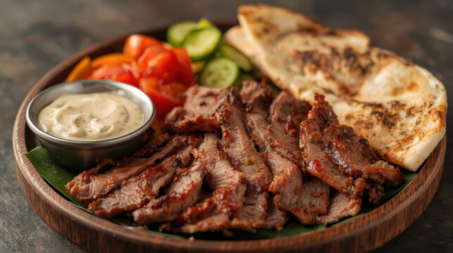Grilled sliced beef platter with flatbread, fresh vegetables and dipping sauce, savory and warm