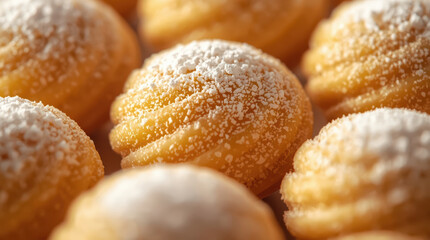 Fototapeta premium Powdered sugar coated round pastries with ridged texture and warm lighting