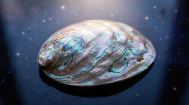 Macro photograph of a large iridescent abalone shell with shimmering nacre surface showing natural patterns of pink, blue, and green, resting on a dark reflective surface with light bokeh.