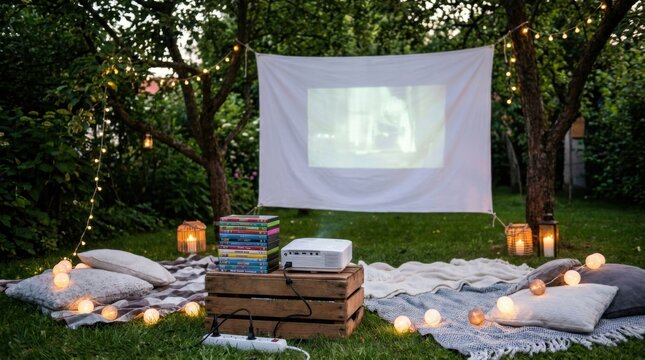 Outdoor home cinema setup in a backyard garden at dusk featuring a portable projector on a wooden crate, white sheet screen hung between trees, pillows, and decorative string lights.