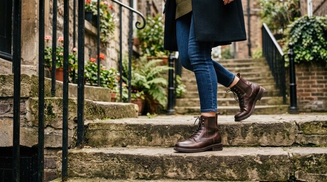 A woman walks down a stone staircase in a city setting. She is wearing a dark coat, blue jeans, and brown leather boots.