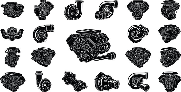 Automotive Car Engine Block Turbocharger and Mechanical Vehicle Parts Silhouette Vector Icons Set for Engineering