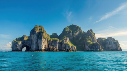Obraz premium Tropical limestone island with sea arch, turquoise water, lush vegetation, clear sky