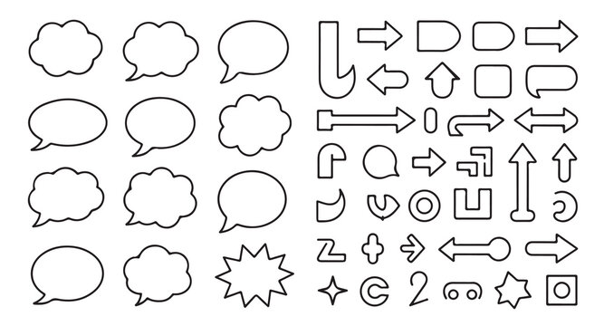 Linear outline speech bubbles and modern arrow icons set for clean vector graphic design.