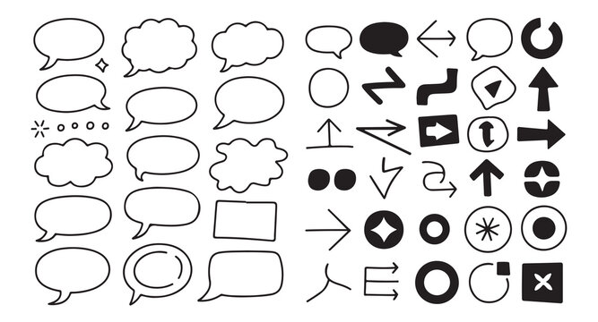 Set of hand drawn speech bubbles and miscellaneous geometric shapes for creative design.