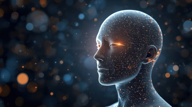 Digital humanoid network portrait with glowing data points and warm highlights
