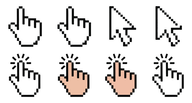 Pixel cursor icons hand pointer and selection tool graphics with skin tone variation.
