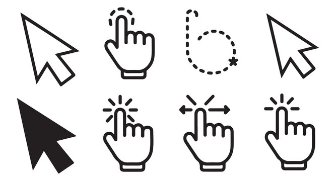 Collection diverse mouse cursor pointer hand and selection icons simple outline graphics.