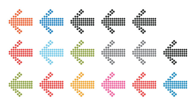 Set of colorful dot matrix arrow icons isolated on white background for user interface design.