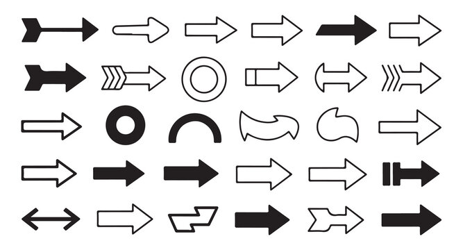 Set of diverse black arrow icons for website navigation and interface design elements vector.