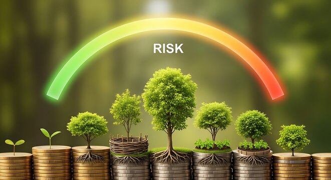 Investment Risk Management Concept with Growing Trees on Stacks of Coins