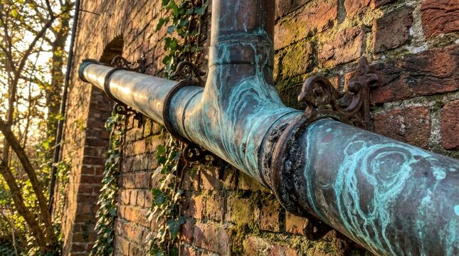 Aged copper downspout with intricate verdigris patina on a weathered brick wall, showcasing organic textures and historical details.
