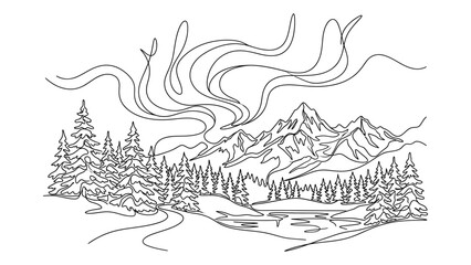 Naklejka premium Black and white mountain landscape drawing with trees and river.