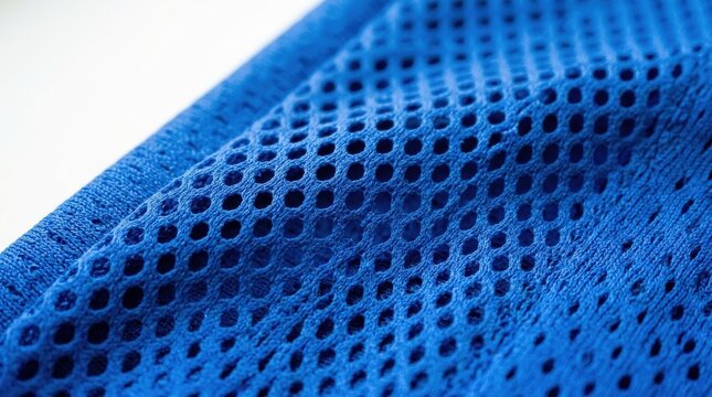 Close-up of blue mesh fabric texture with repeating circular perforations