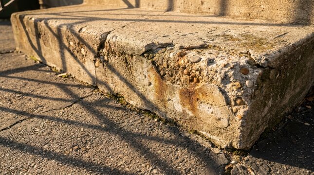 Close-up view of a weathered, chipped concrete stoop step revealing its aged texture and rough surface detail outdoors