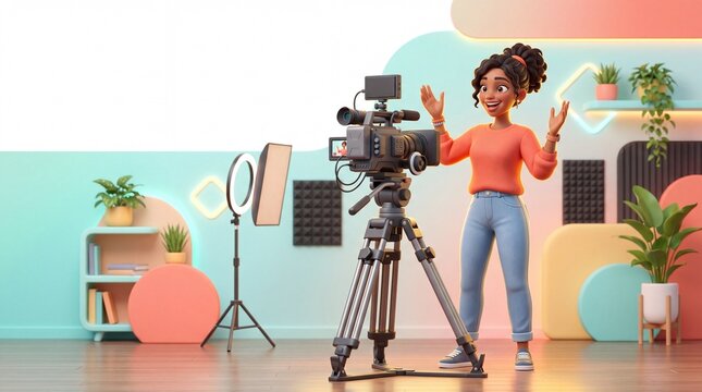 3D illustration of a female content creator recording video with camera, tripod and studio lighting in a colorful modern streaming room.