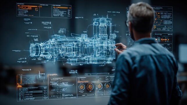 Engineer Interacts With Futuristic Holographic Blueprint Display of Complex Machinery