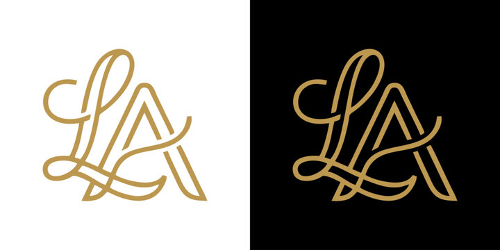 Elegant and modern golden monogram logo design featuring intertwined 'L' and 'A' letters, perfect for branding, luxury businesses, and personal identities, presented on both light and dark backgrounds