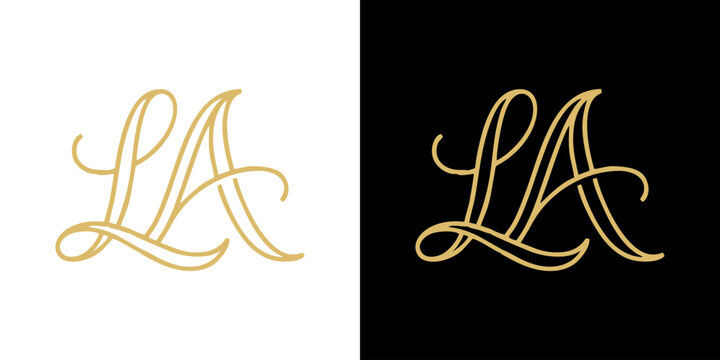Elegant and sophisticated gold line art monogram featuring the intertwined letters 'LA', designed for luxurious branding and personal identity, offering a premium and classic aesthetic