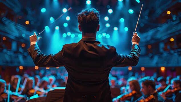 Rear view of a male conductor leading an orchestra with two batons under vibrant stage lights