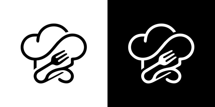 Simple and elegant chef hat and fork logo illustration for culinary business and restaurant branding, isolated on white and black backgrounds