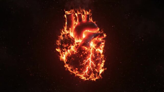 Burning heart graphic with sparks and flames against a dark background, representing passion and emotion