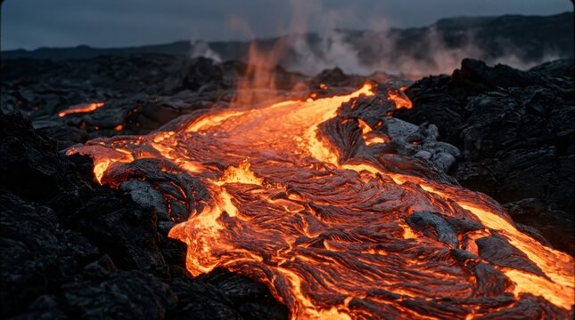 Molten lava flowing down a volcanic slope amidst smoke and rugged terrain, showcasing geological power.