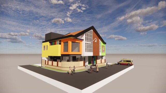 A 3D rendering of a modern house with a colorful exterior, featuring a car parked on the street in front of it, set against a blue sky with clouds.
