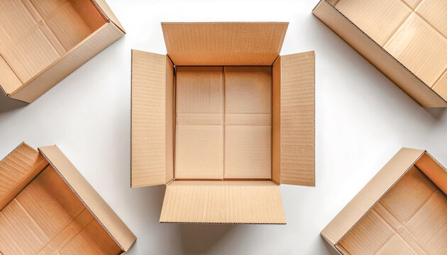 Open Cardboard Box with Surrounding Boxes Minimal Delivery Concept