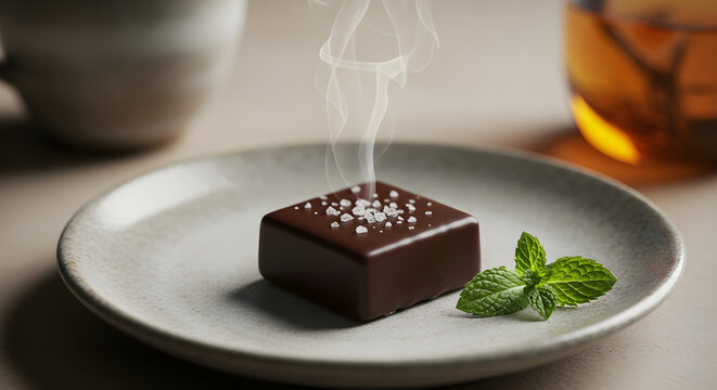 Artisanal Dark Chocolate Praline with Sea Salt and Fresh Mint, A single gourmet dark chocolate truffle topped with sea salt crystals and garnished with fresh mint, featuring a wisp of steam rising on 