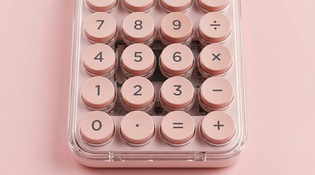 Soft pink calculator rests on pastel surface. Buttons show numbers and basic math symbols clearly. Clear plastic casing frames the compact design