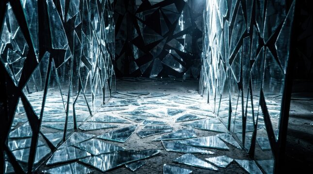 An eerie hallway constructed entirely of shattered mirror fragments, creating a disorienting and reflective passage