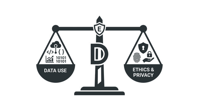 Flat icon of balance scale between data use and ethics privacy