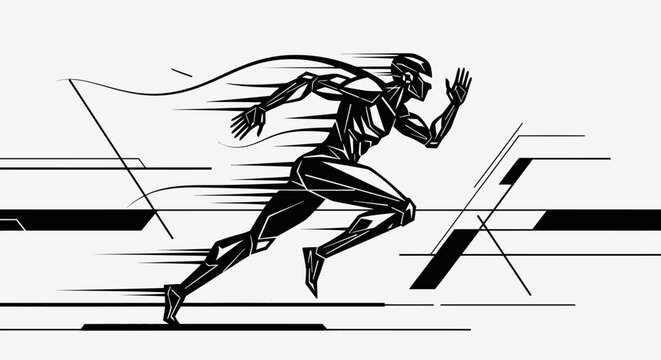 Abstract black geometric runner sprinting fast on white background